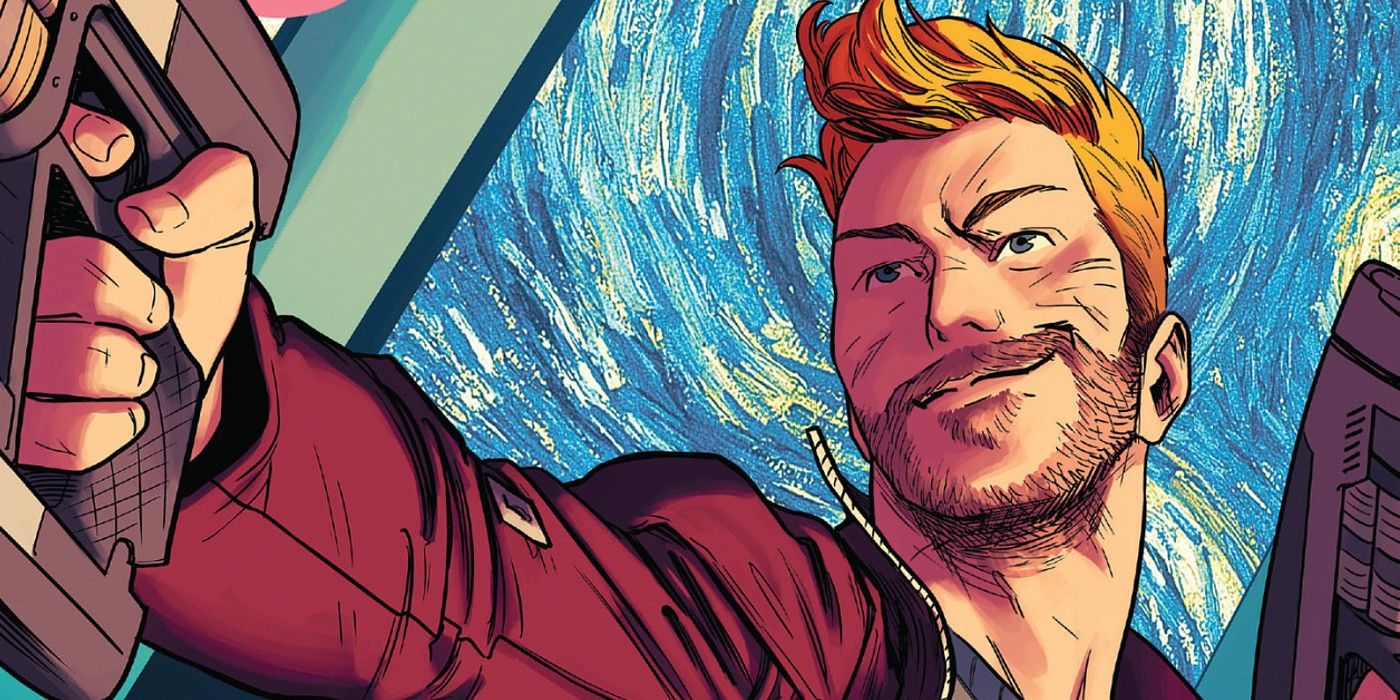 Peter Quill smiling confidently while pointing a gun in Marvel Comics