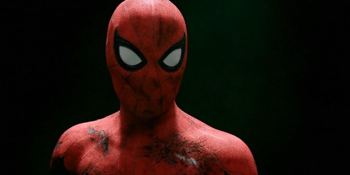 Spider-Man wearing a torn out suit in Spider-Man: Far From Home.