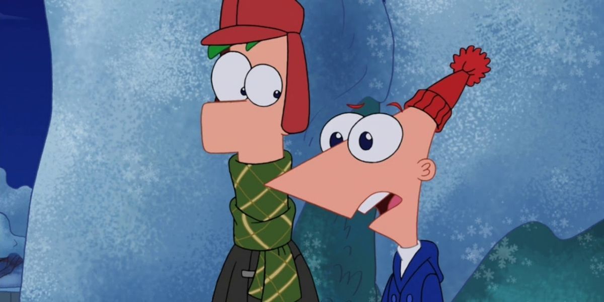 Phineas and Ferb in winter outfits for the Christmas episode 