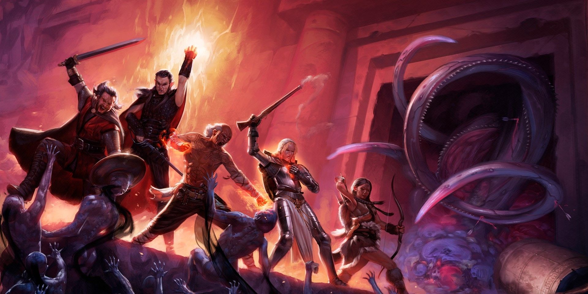 Artwork of the party running a dungeon in pillars of Eternity