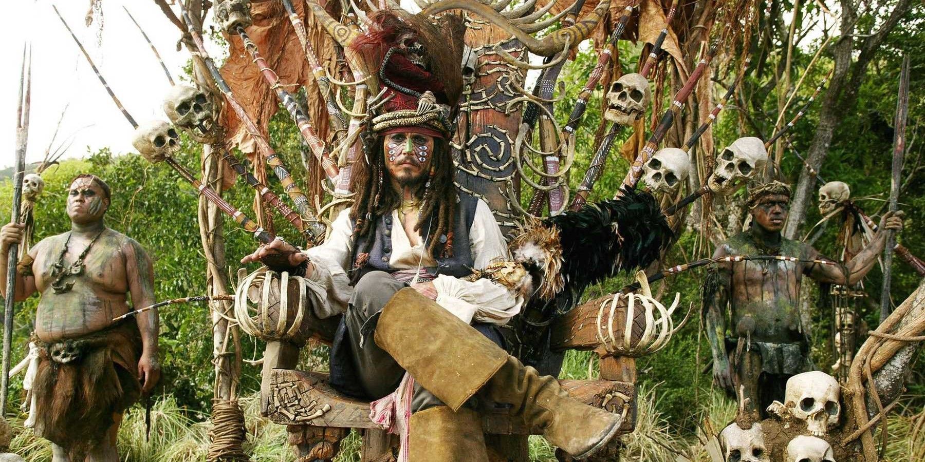 Captain Jack Sitting on the Throne in Pirates of the Caribbean: Dead Man's Chest