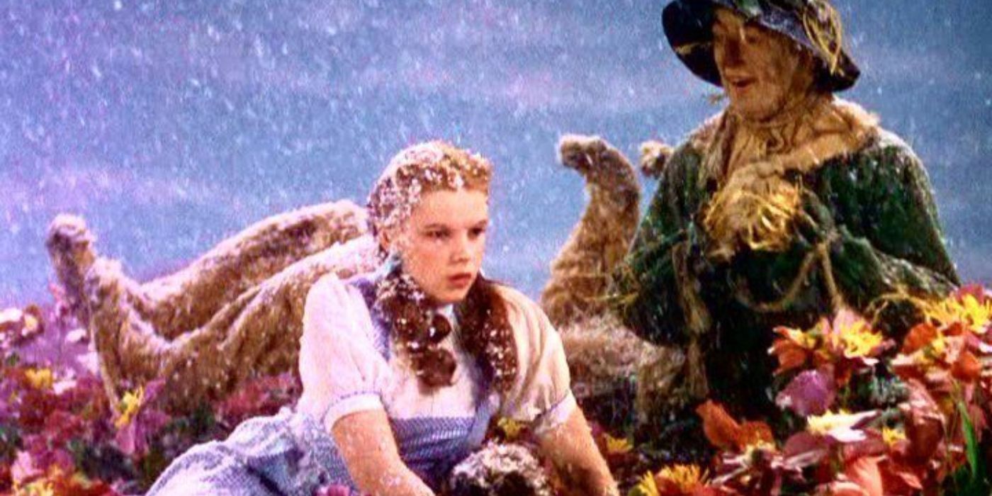 Dorothy, the Lion, and the scarecrow in a field of poppies