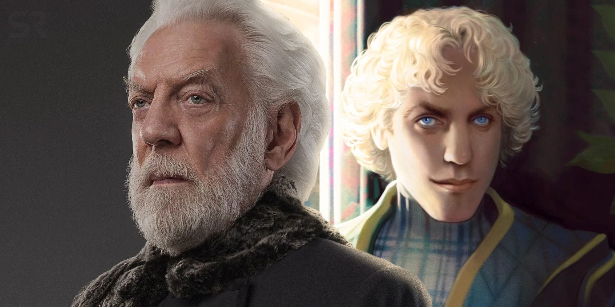 An image of President Snow from The Hunger Games movies and art of a young Coriolanus Snow in the background. 