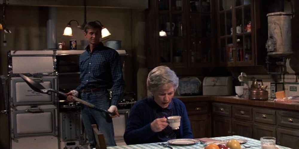 A still of Emma Spool and Norman Bates in the finale of the film Psycho II.