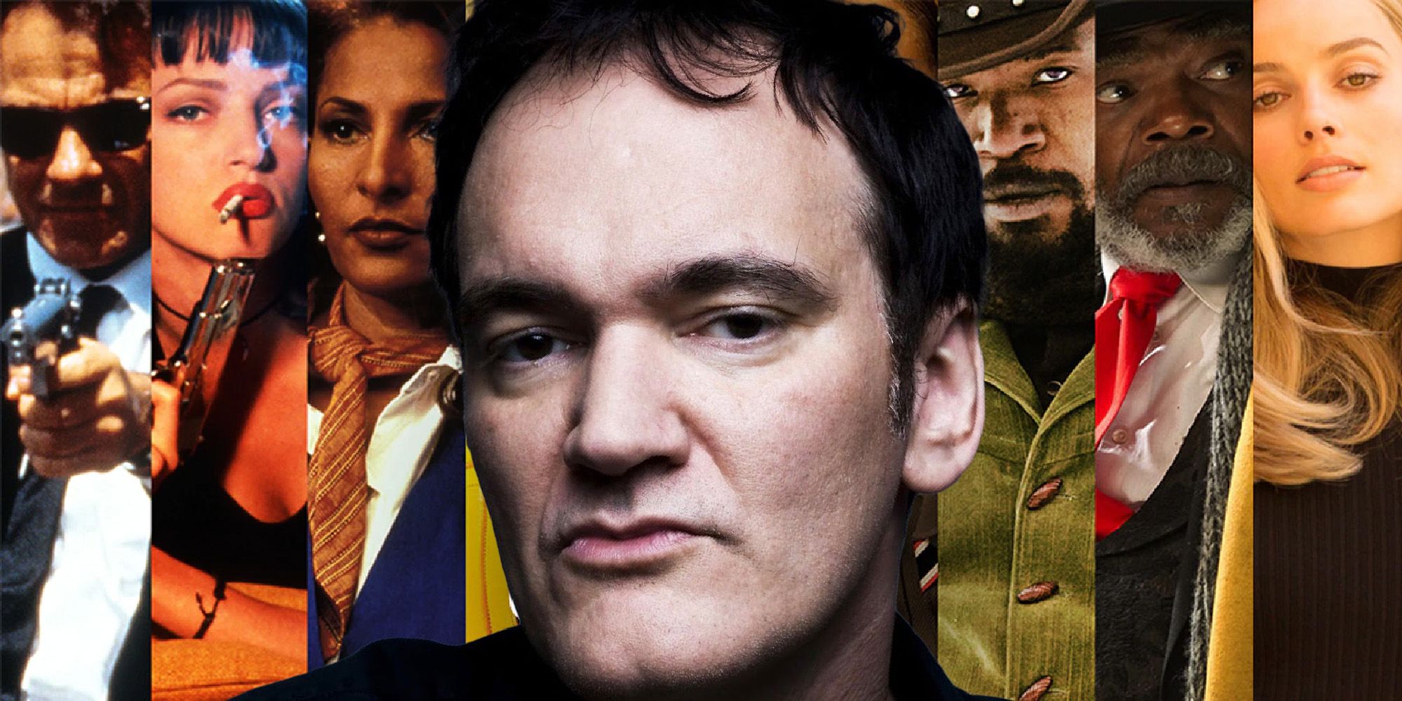 Quentin Tarantino na frente de seus vários filmes