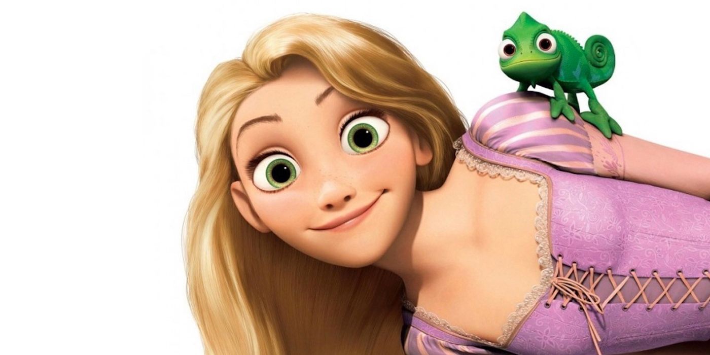 Rapunzel leans over with a smile on her face and Pascal on her shoulder