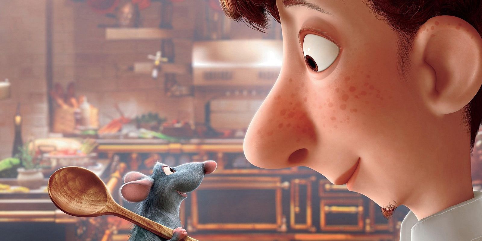 Remy and Linguini smile at each other in Ratatouille