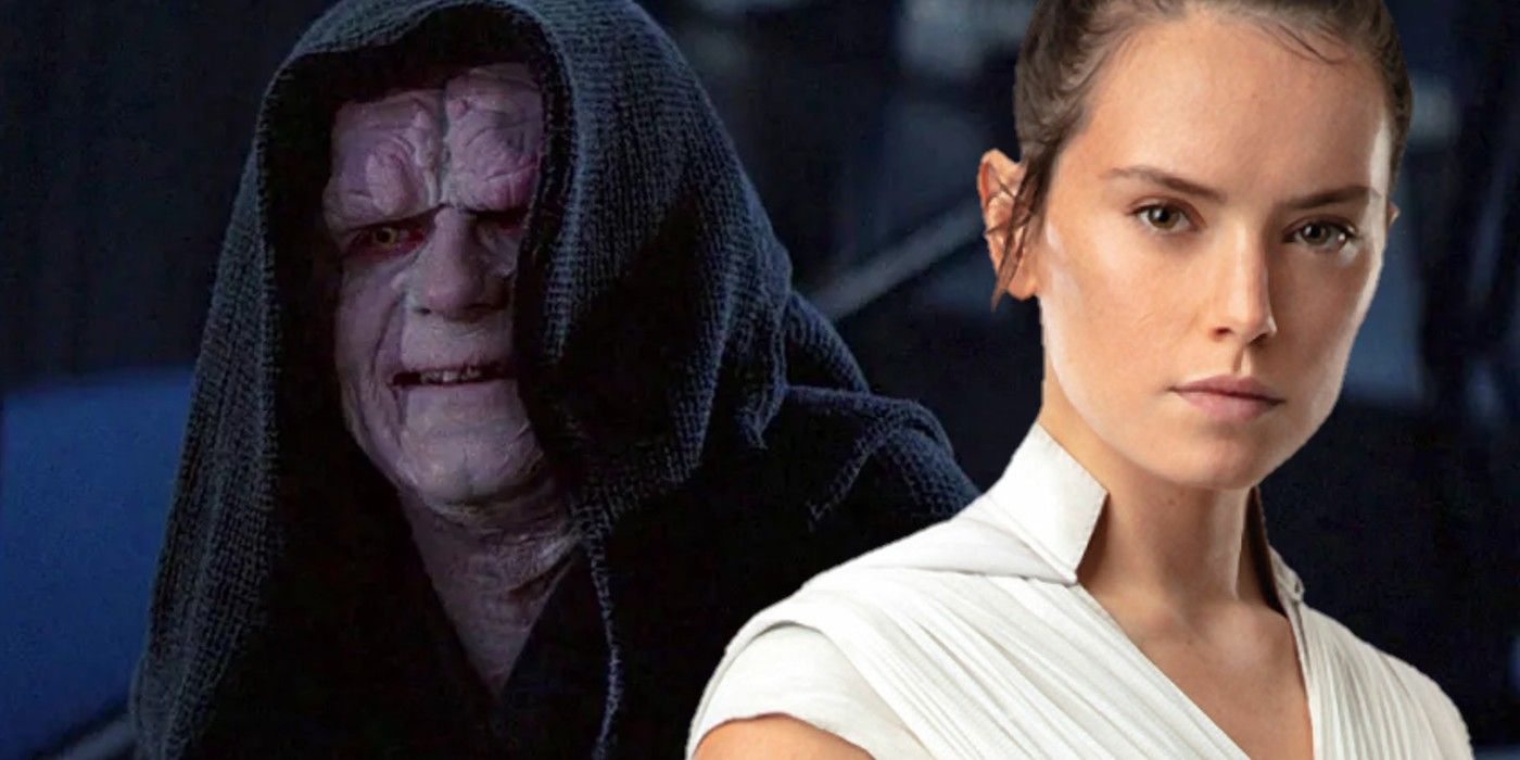 Split image of Rey and Palpatine