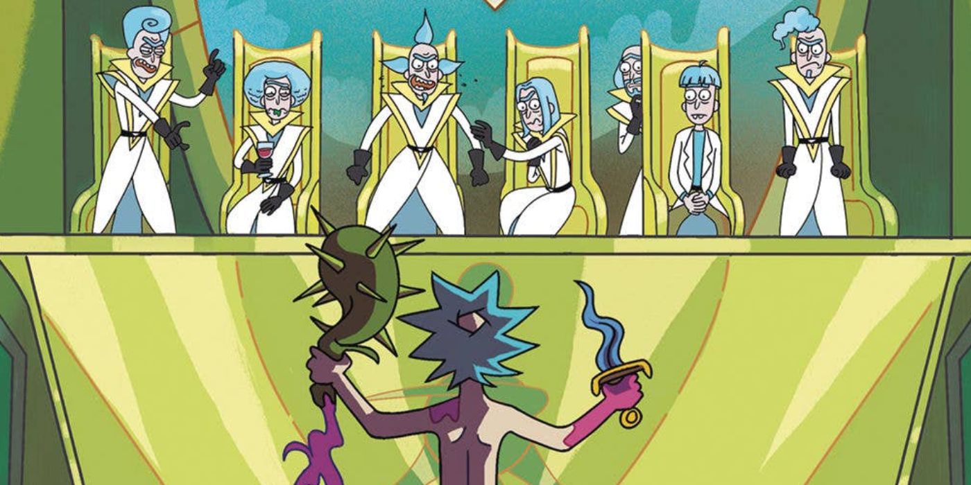 Rick standing before the Council of Ricks in Rick and Morty