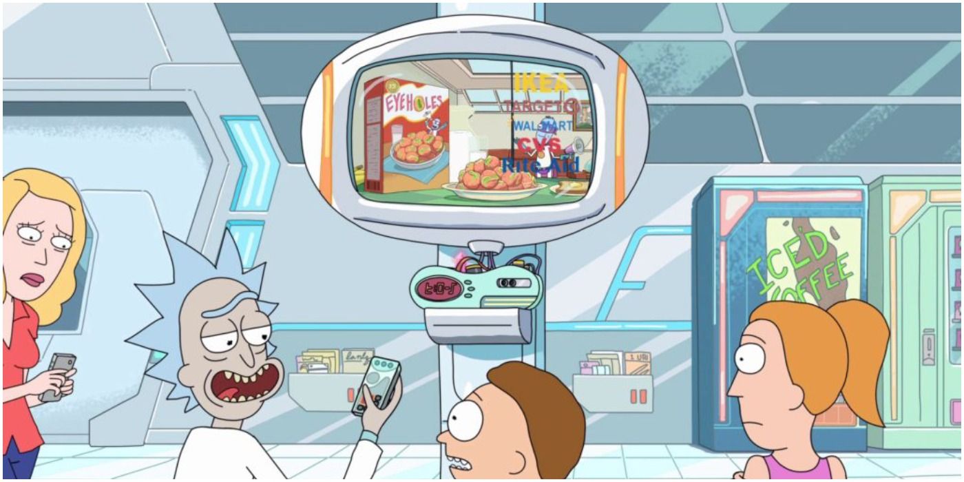 Rick, morty, summer and beth watch inter-dimensional cable in the hospital lobby on rick and morty