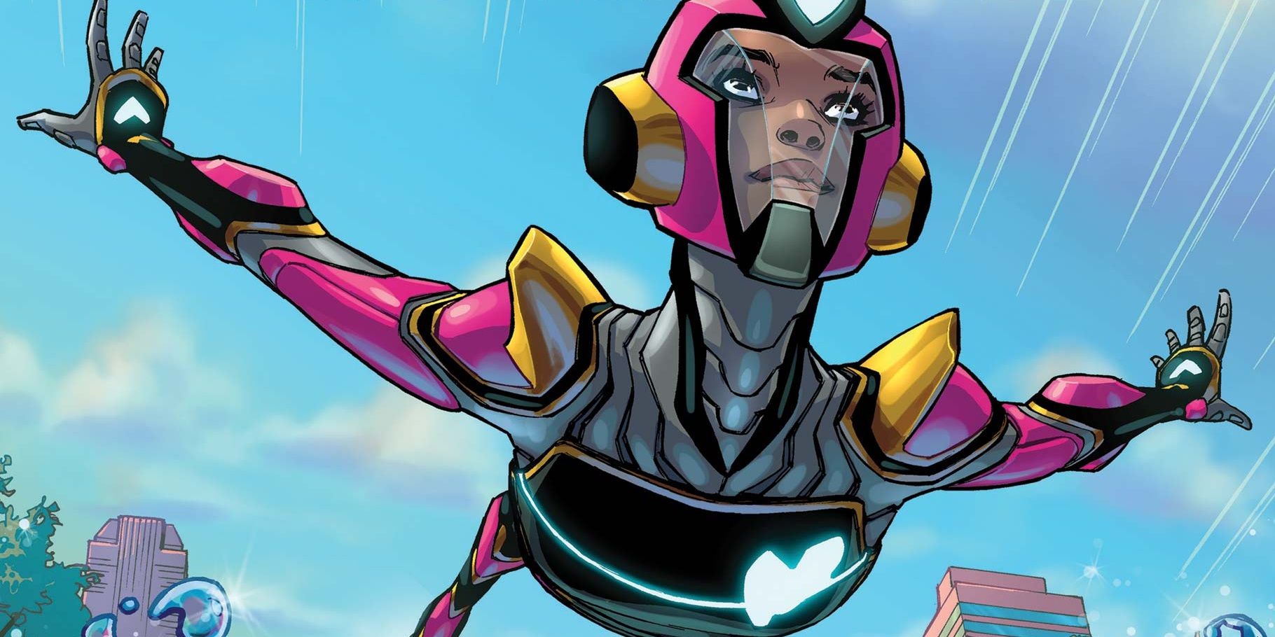 Riri Williams flies in her own suit of her armor as Ironheart in a Marvel comic.
