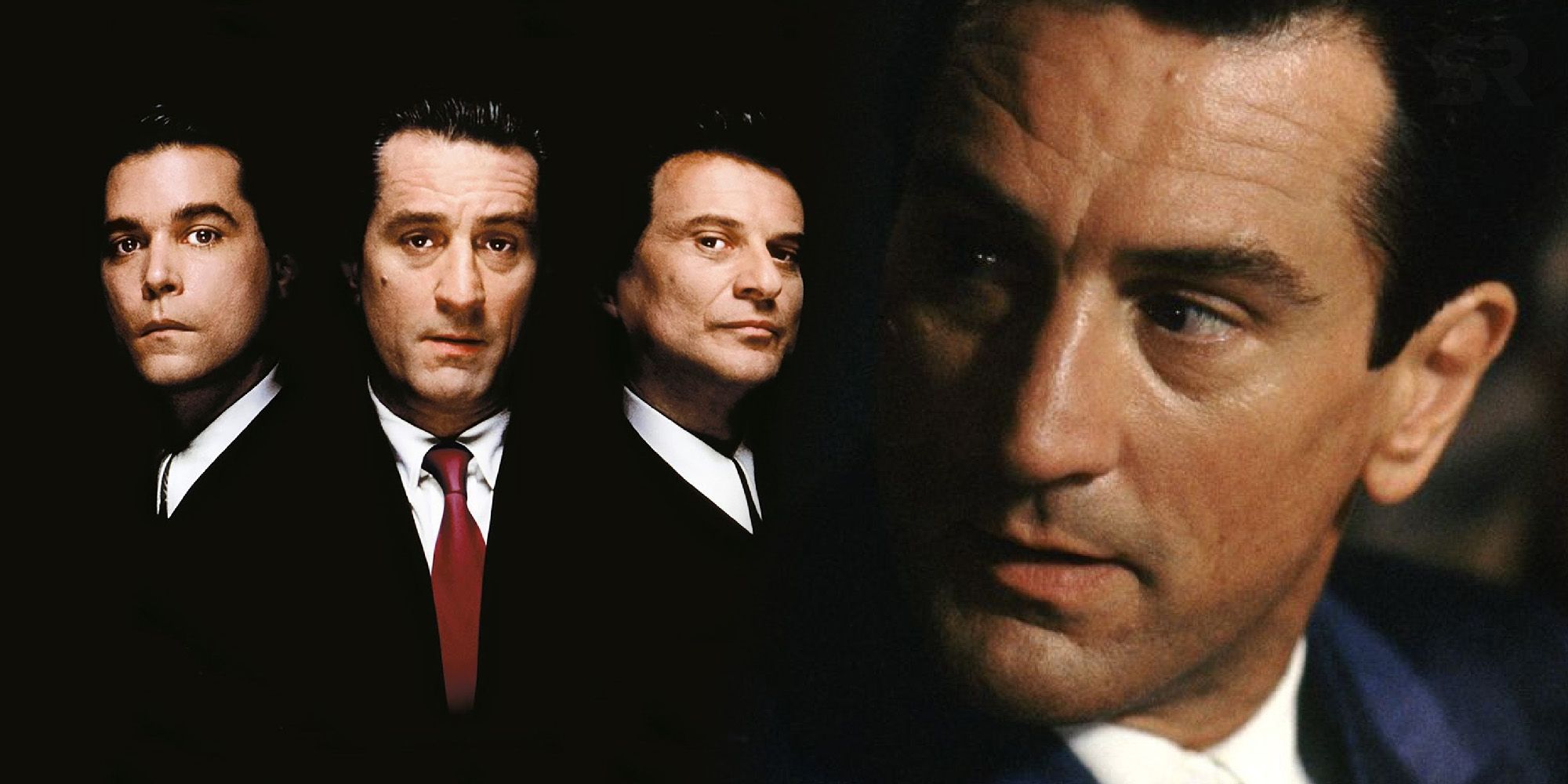 Split side-by-side of Henry, Jimmy, and Tommy in Goodfellas and close-up of Jimmy looking concerned
