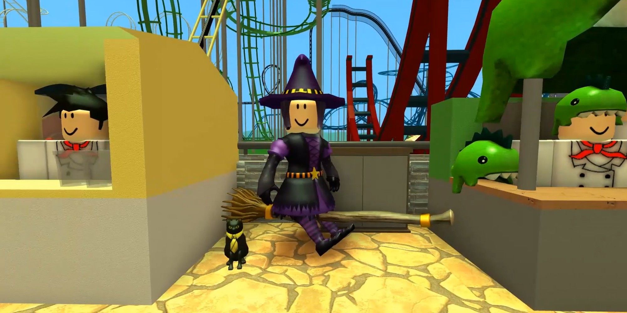 A player hangs out in a Theme Park in Theme Park Tycoon, a Roblox game