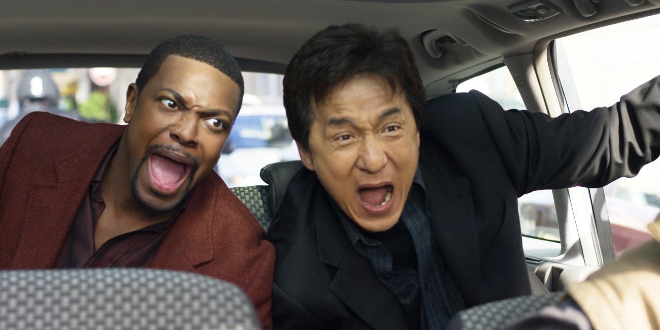 Carter and Lee scream in a car in Rush Hour