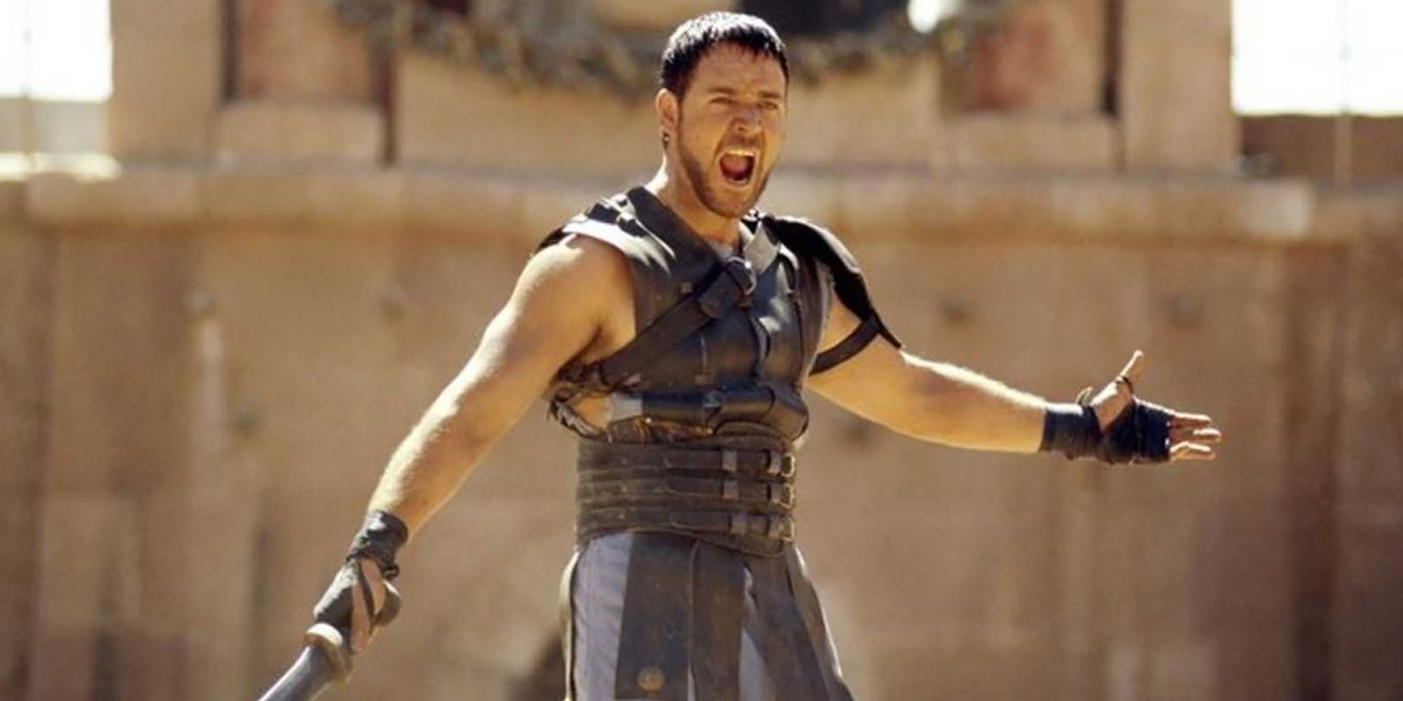 Russell Crowe as Maximus screaming in the arena in Gladiator
