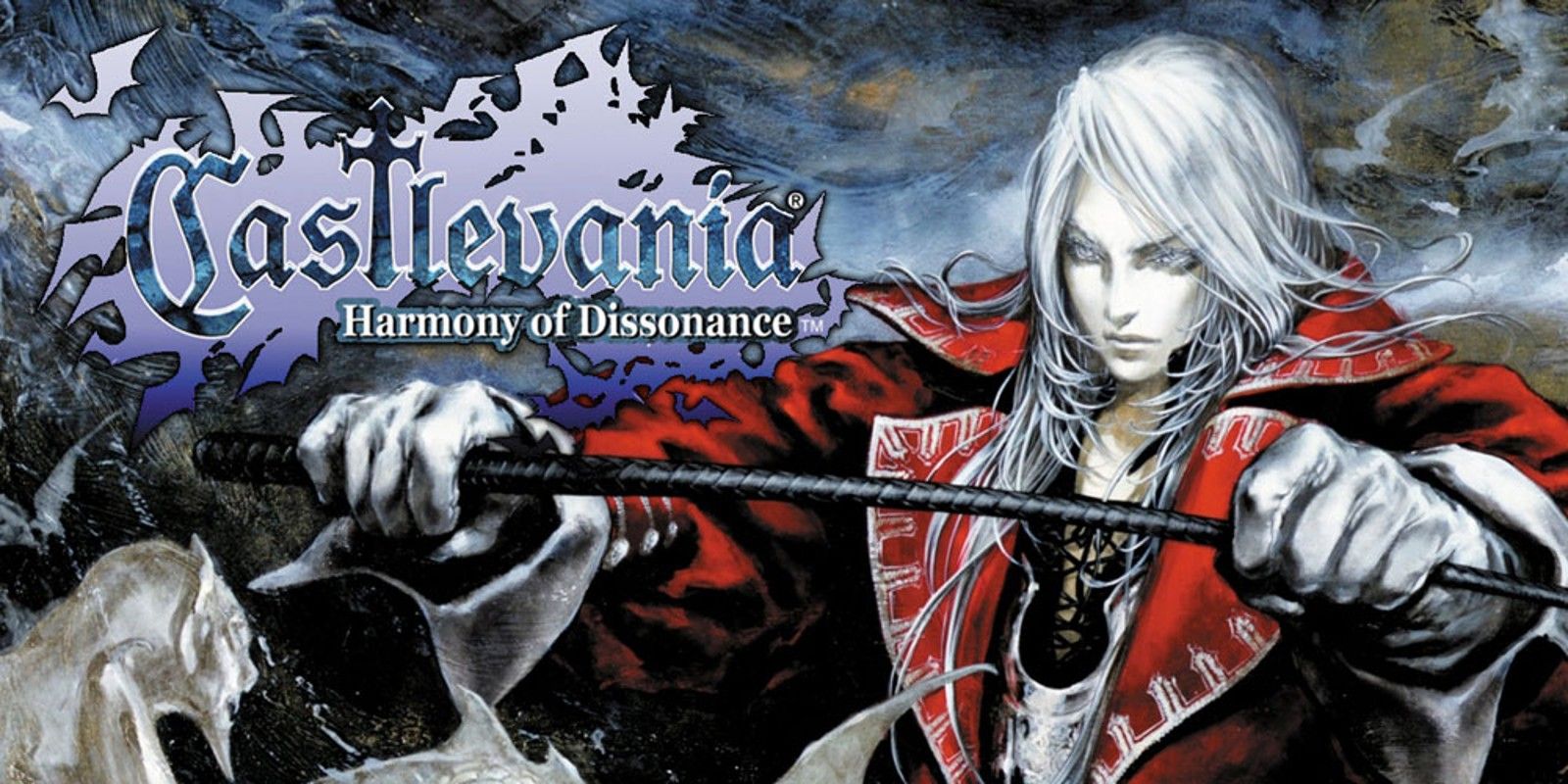 Castlevania Harmony of Dissonance title with Juste Belmont holding a whip