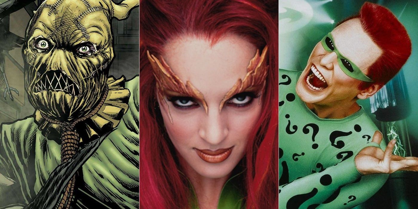 Scarecrow, Uma Thurman as Poison Ivy in Batman & Robin and Jim Carrey as Riddler in Batman Forever