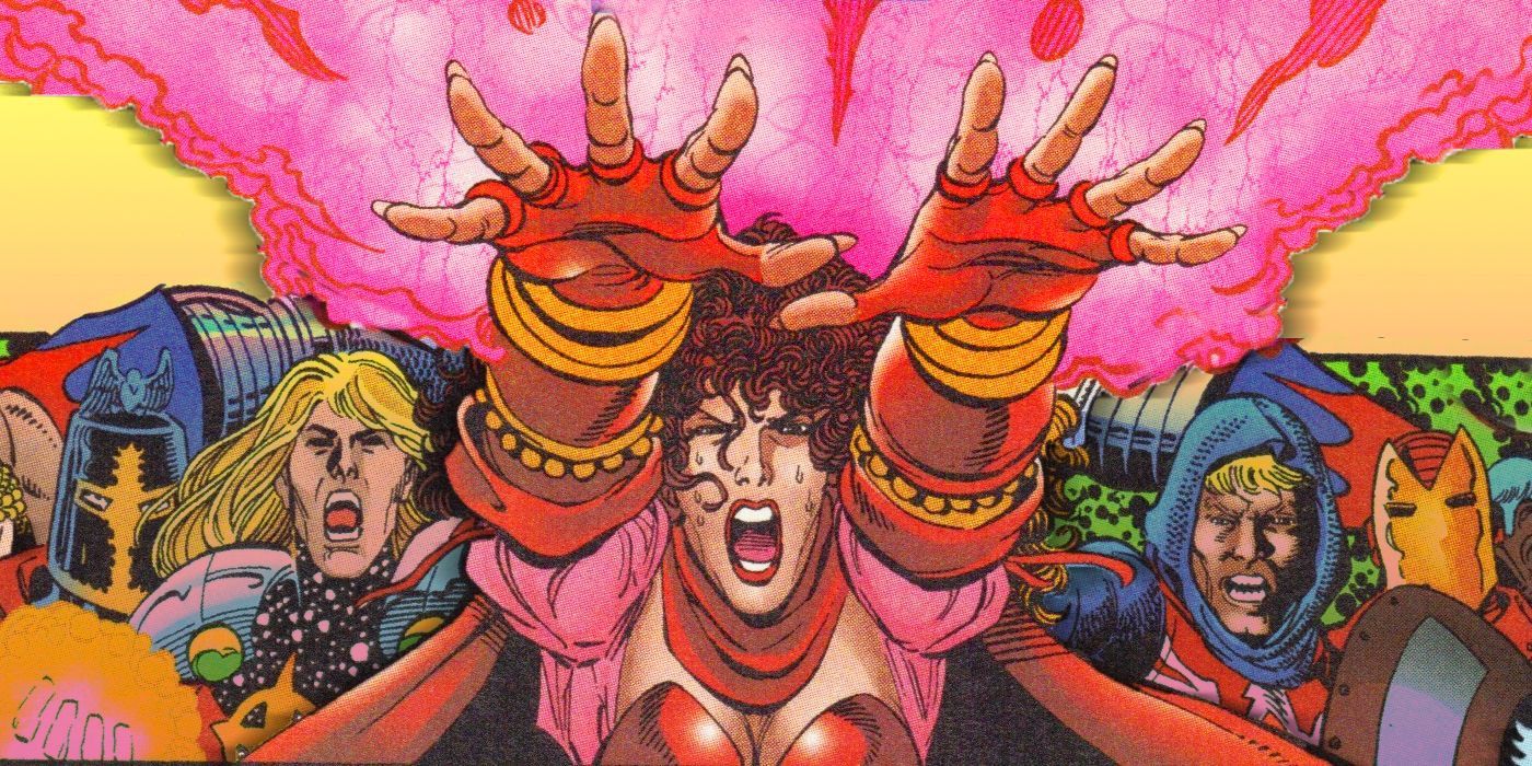 Scarlet Witch extends her hands and fires pink blasts in Marvel Comics.
