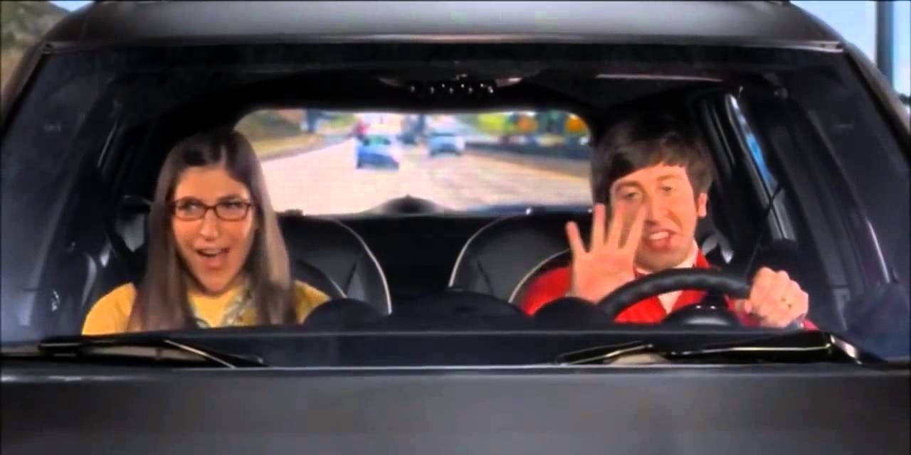 Amy and Howard in the car on a scavenger hunt on TBBT