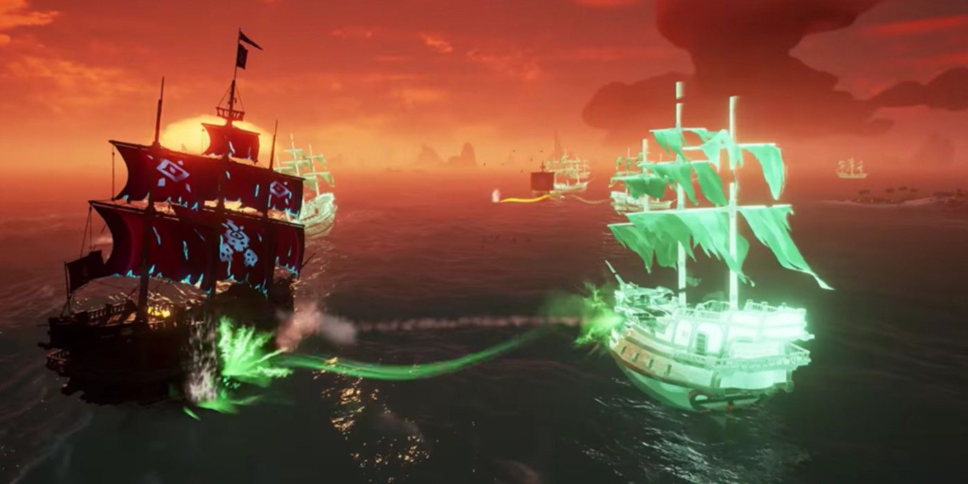A Crew fights to defeat a Ghost Ship in Sea of Thieves