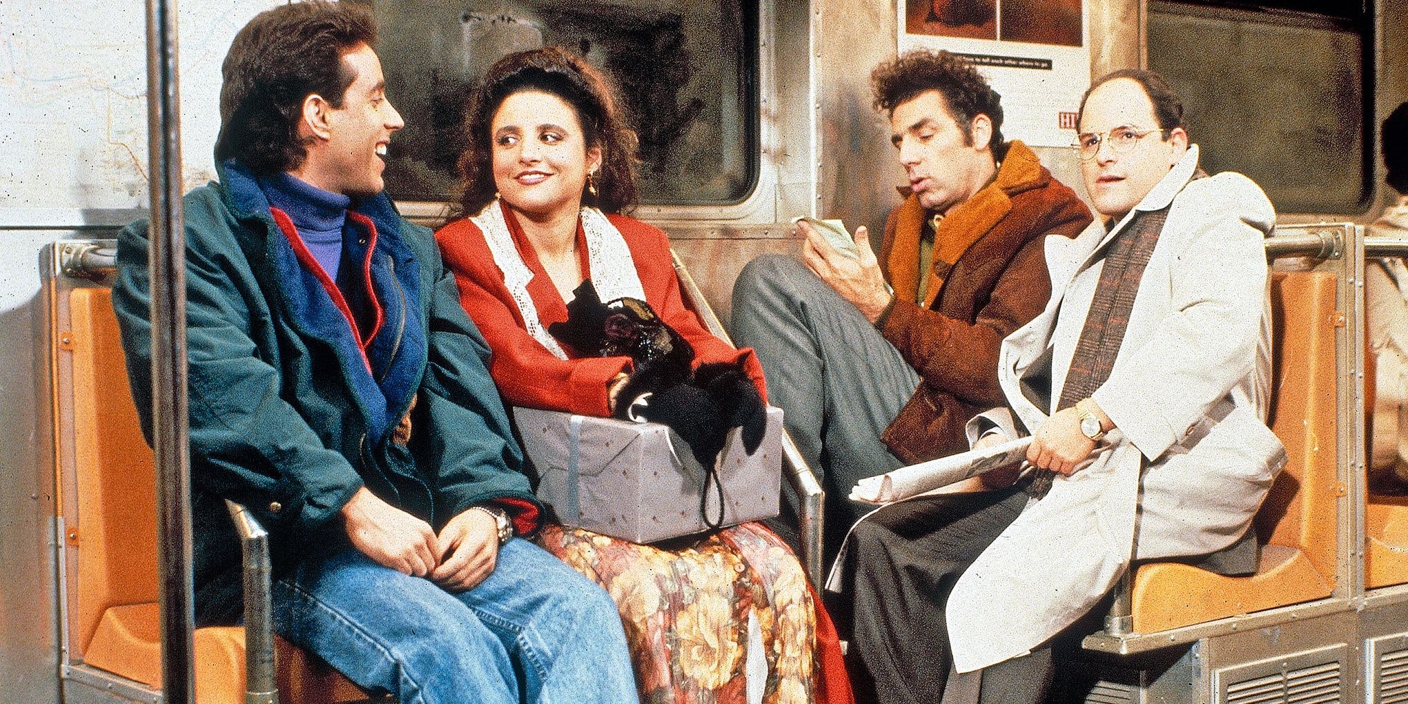 Gang sitting together in a subway carriage on Seinfeld.