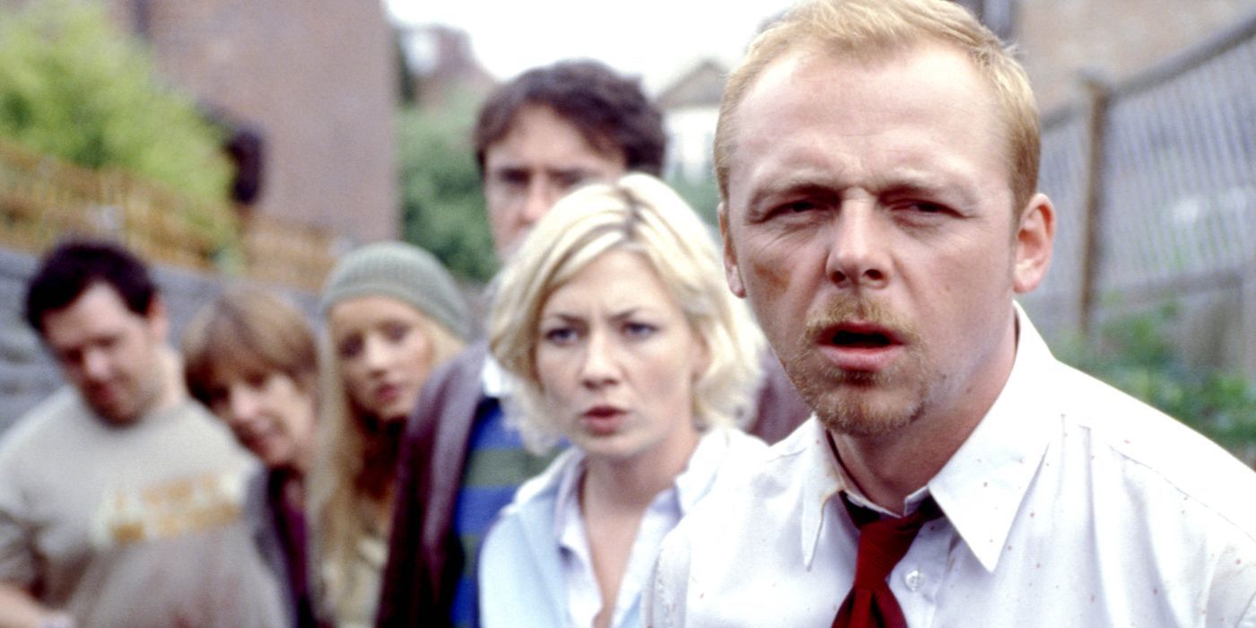The cast of Shaun Of The Dead looking apprehensive