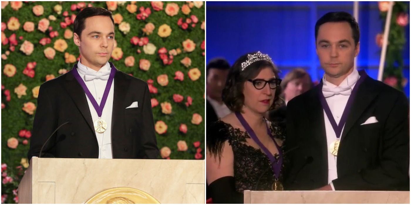 Sheldon and Amy giving their Nobel prize speeches 