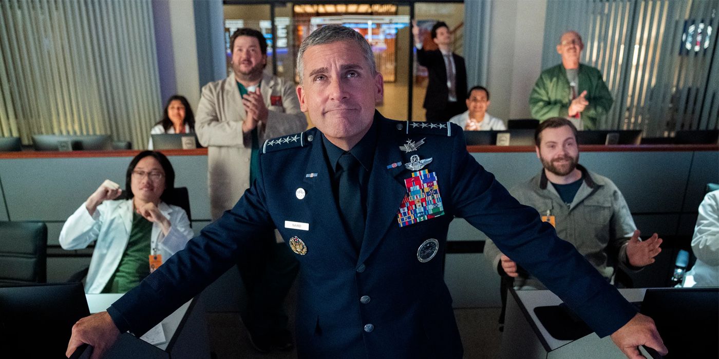 Steve Carell in front of his costars on Space Force
