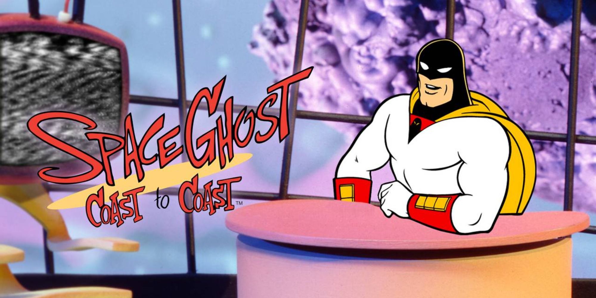 Space Ghost at a late night desk with "Space Ghost Coast to Coast" in text next to him