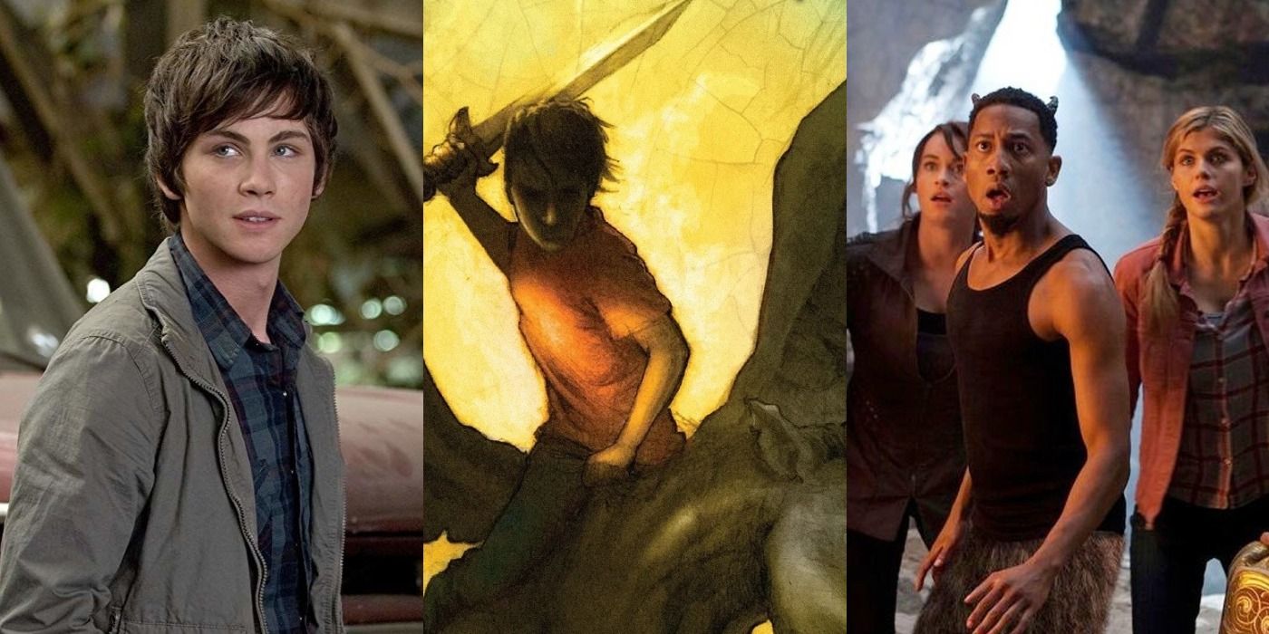 Split Image of Percy Jackson, Percy in the books and Grover, Annabeth and Clarisse feature