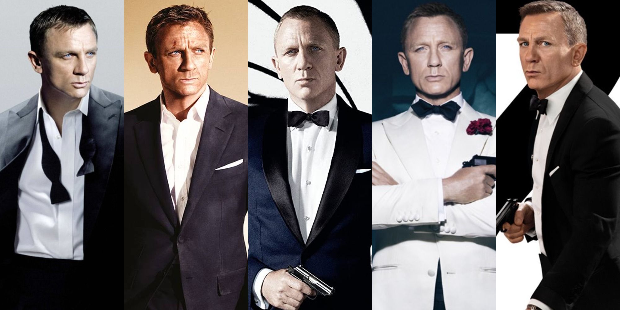 Split image of Daniel Craig as James Bond in each of his movie's posters.
