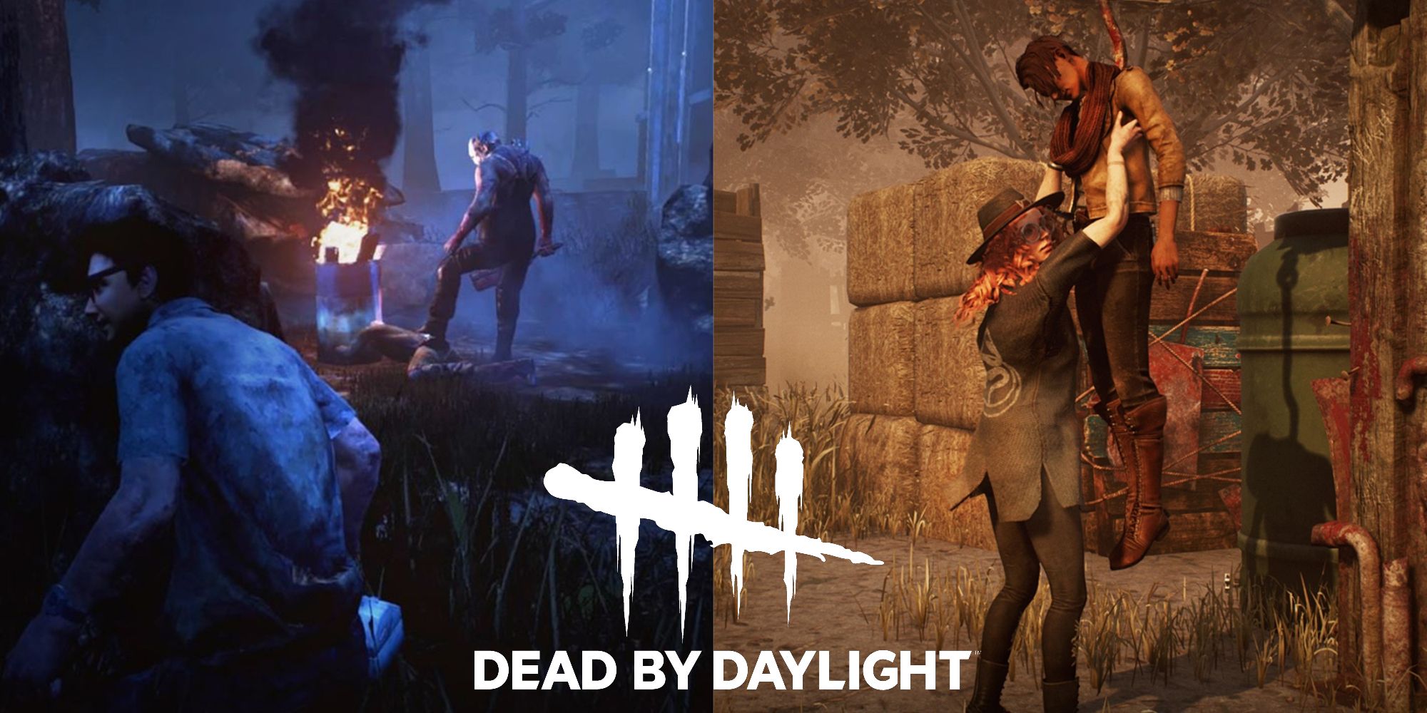 Split image of Dwight hiding from the Trapper and Meg unhooking another survivor in Dead By Daylight