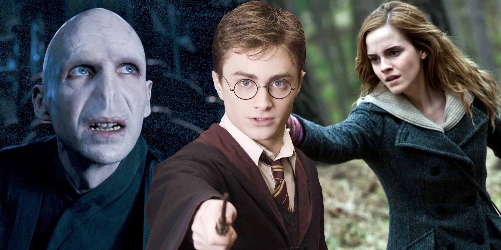 Split image of Voldemort, Harry Potter and Hermione Granger