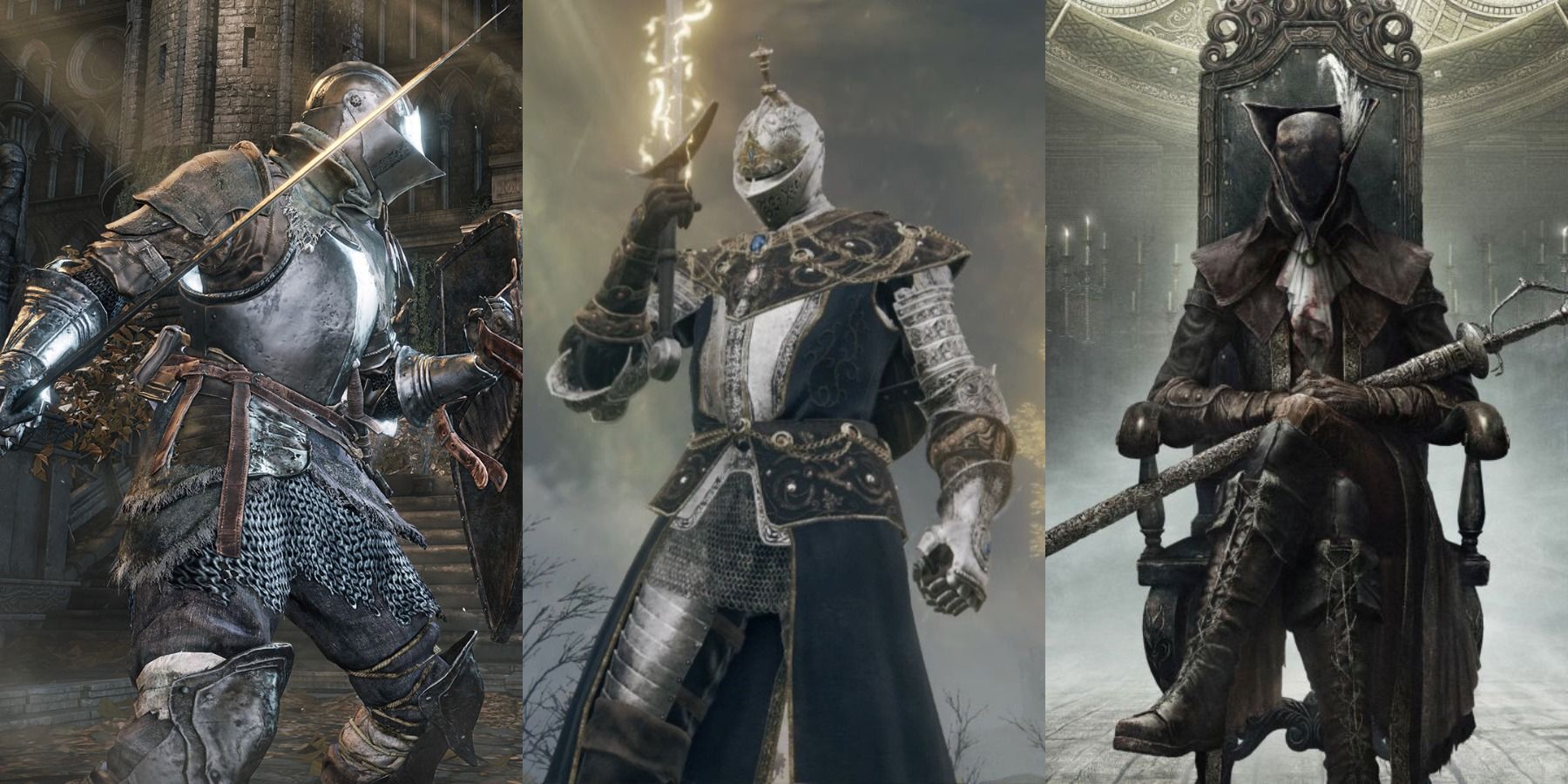 Split image of main protagonists in Dark Souls 3, Bloodborne, and Elden Ring