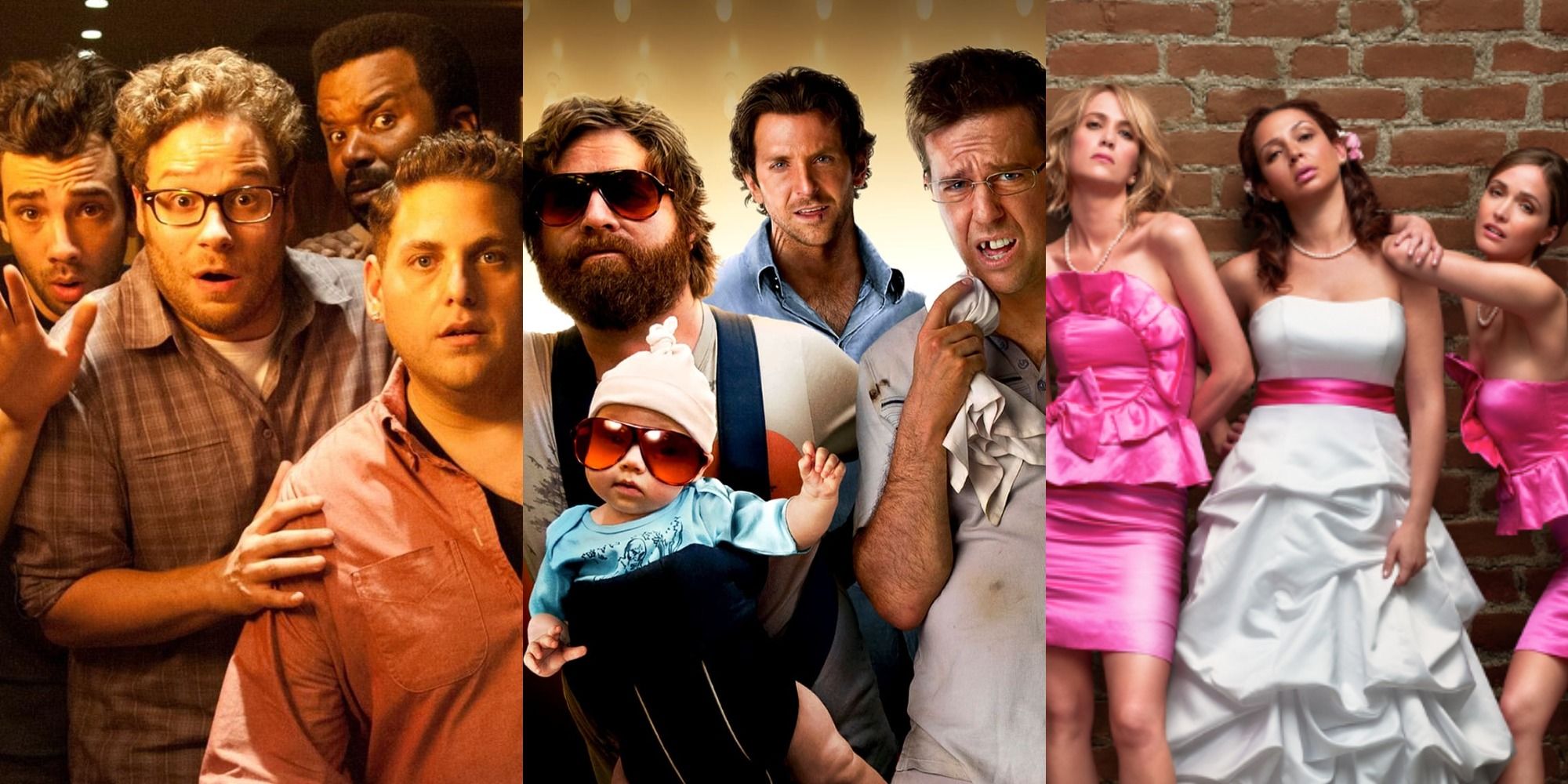 Split image of the main characters from This Is the End, The Hangover and Bridesmaids