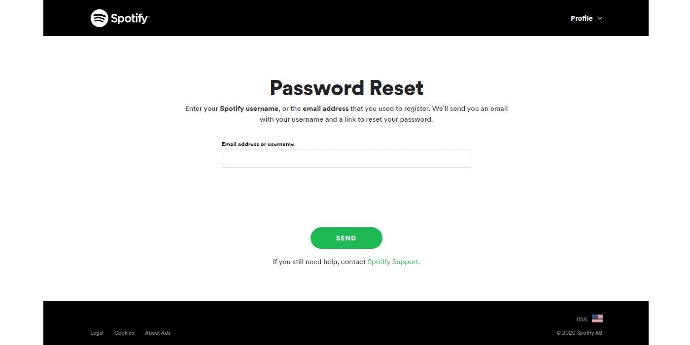 Spotify pasword reset webpage