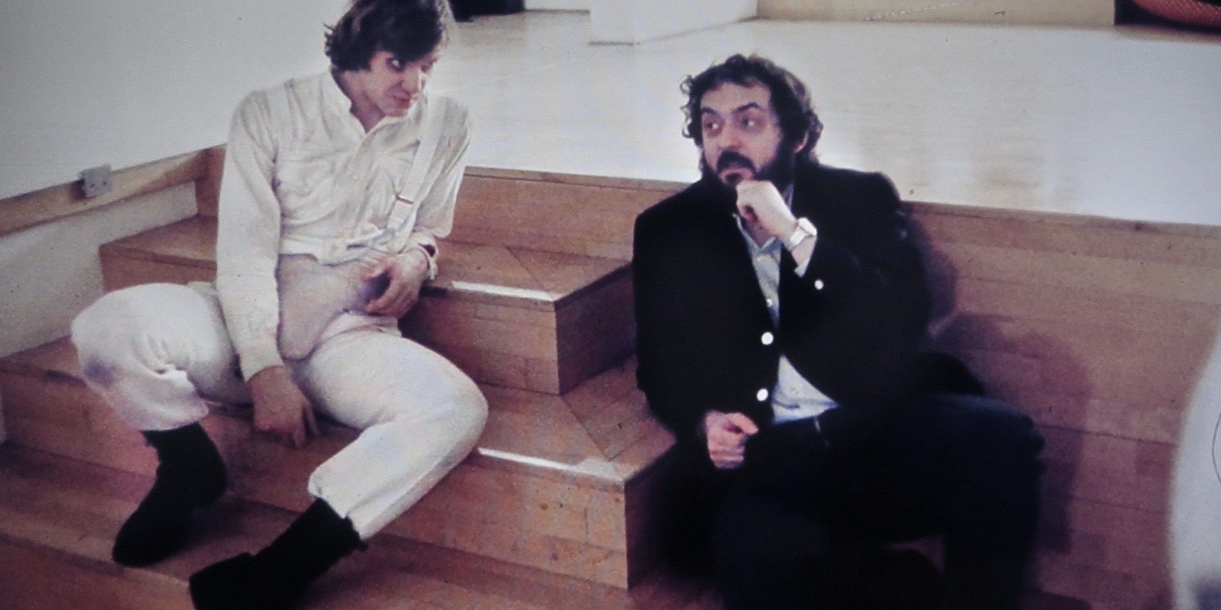 Stanley Kubrick directing Malcolm McDowell in A Clockwork Orange
