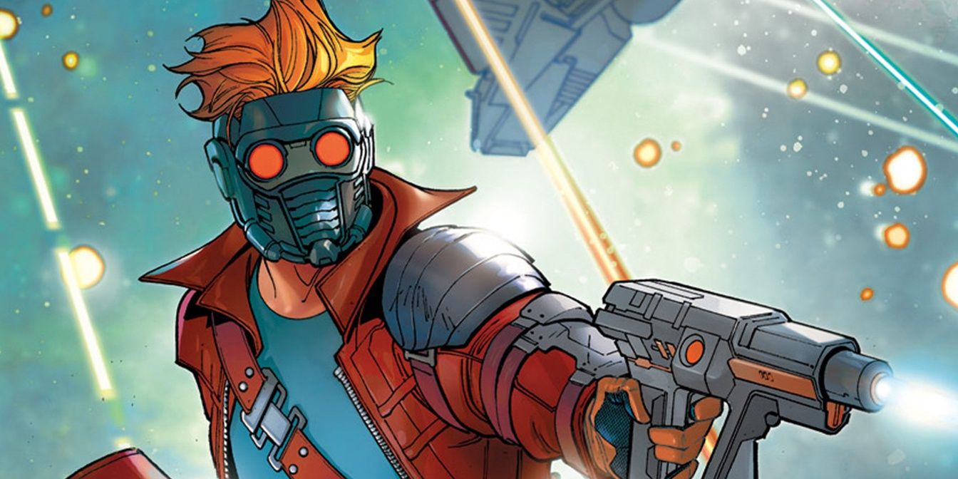 Star-Lord in his mask, firing his pistol in Marvel comics