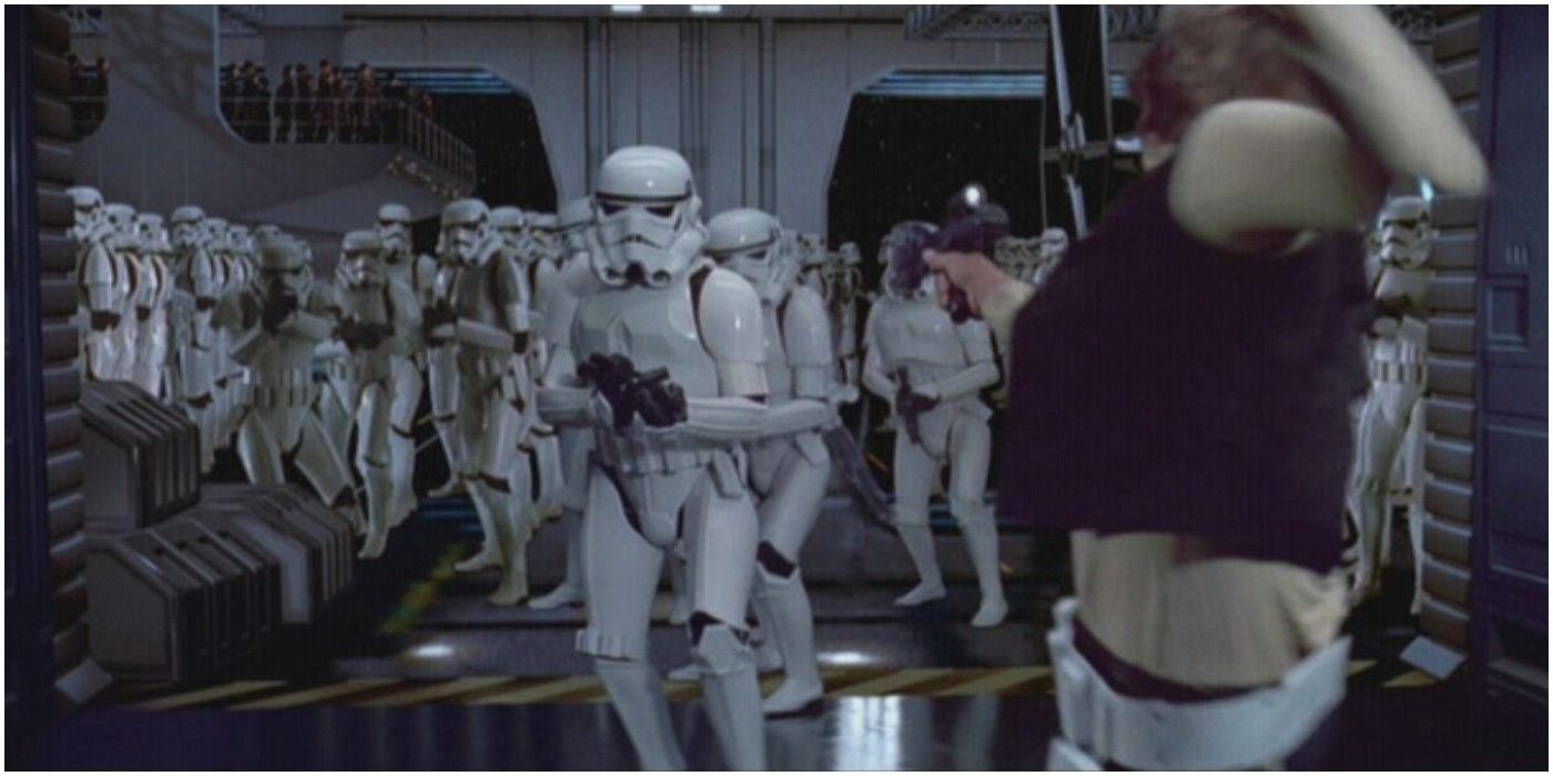 Star Wars Han Solo chases a couple of stormtroopers through to an entire batallions worth in a corridor in Stormtroopers
