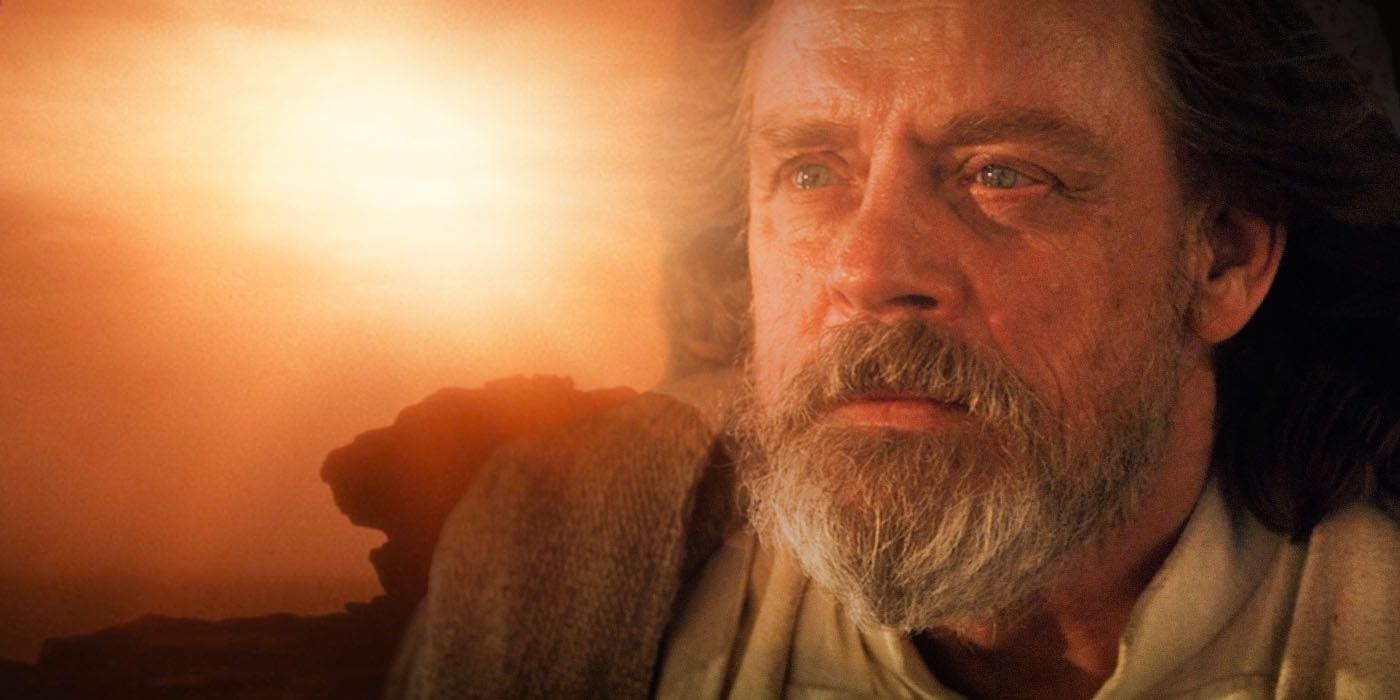 Morte de Luke Skywalker em Os Últimos Jedi com Luke olhando para fora e um pôr do sol brilhante atrás dele