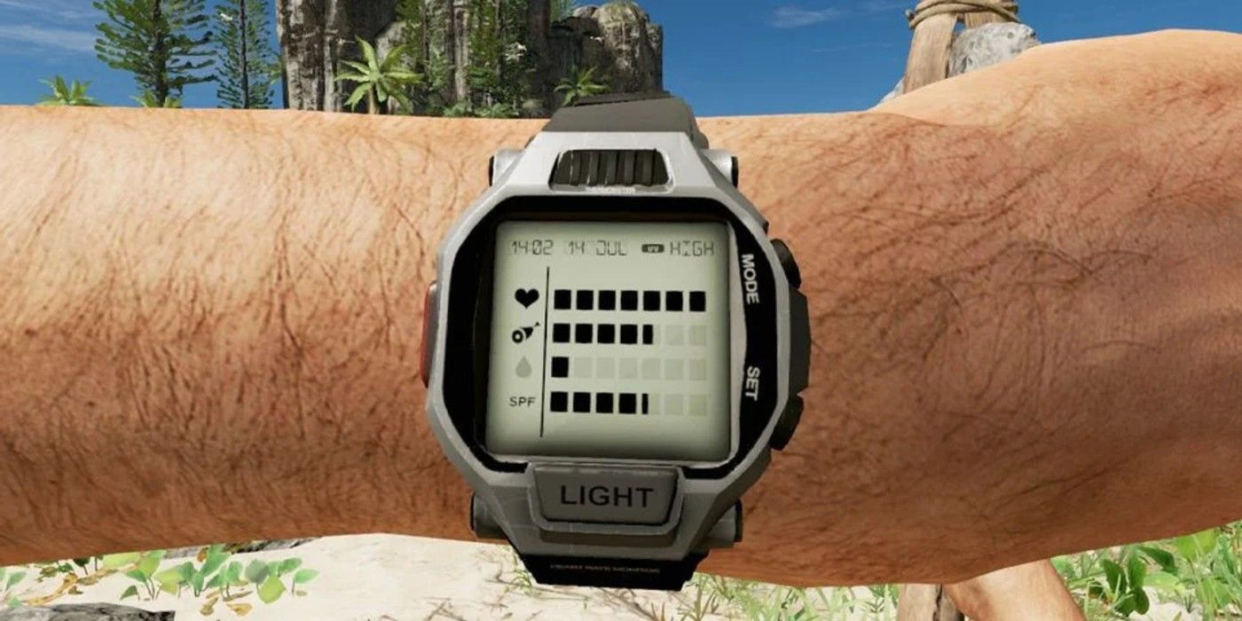 A player looks at their watch in Stranded Deep to see their stats