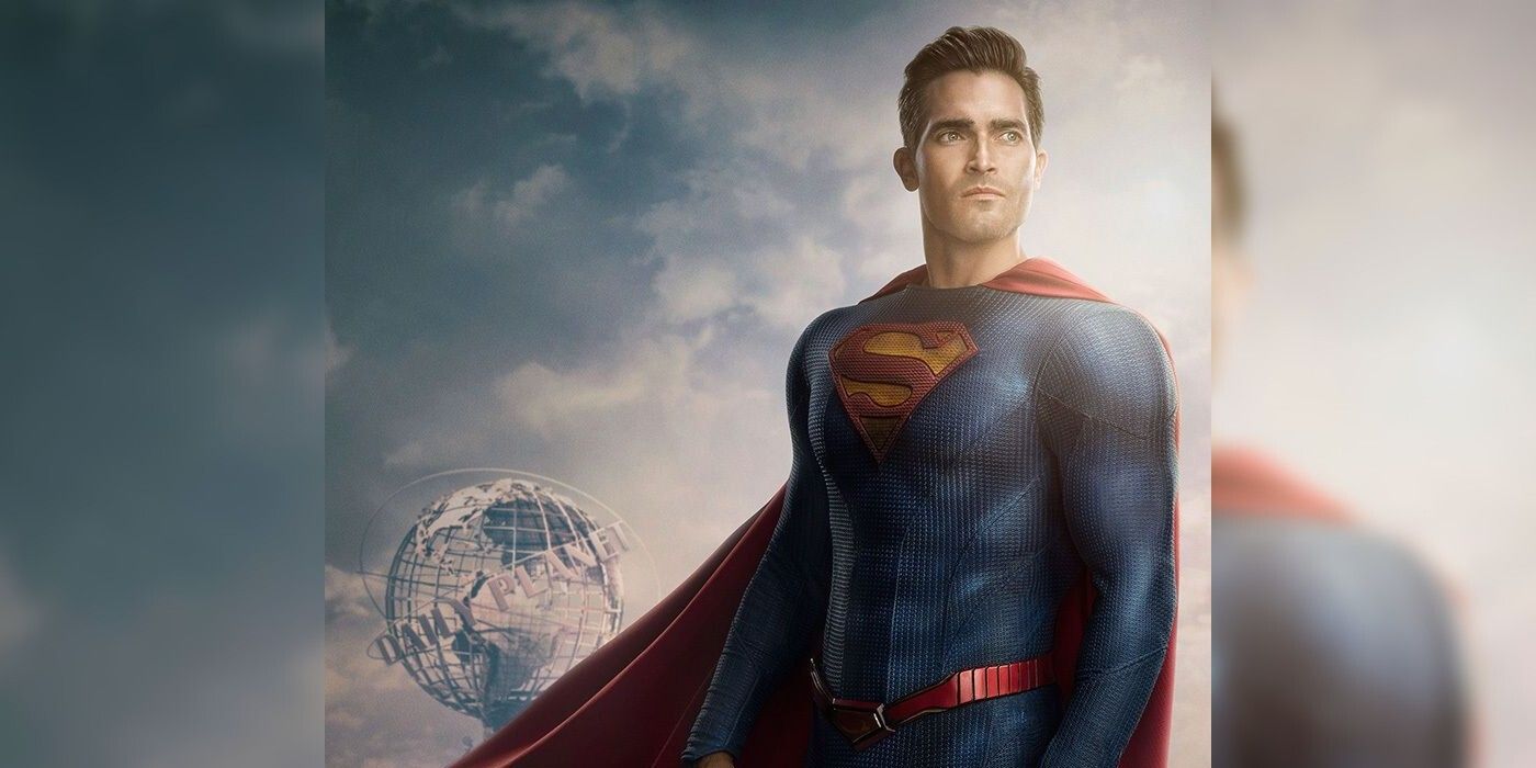 Tyler Hoechlin in a promotional image as Superman in front of the Daily Planet globe
