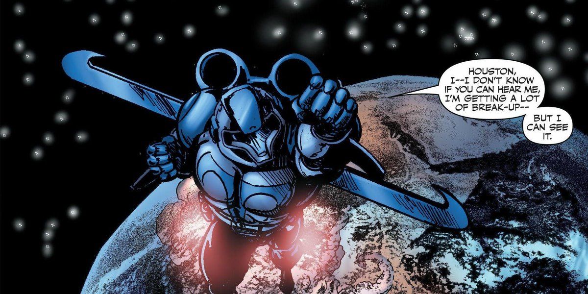 Tek Knight flies outside Earth to stop an asteroid
