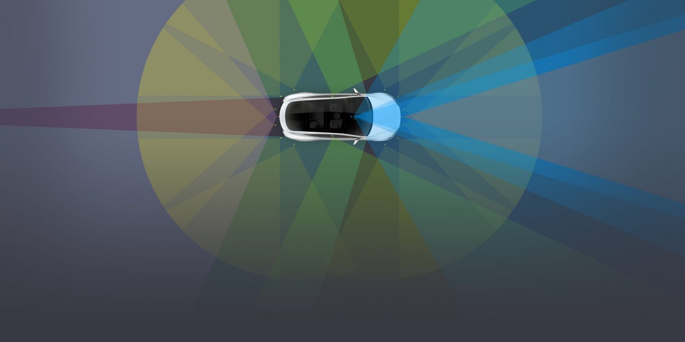 Graphic of a Tesla car monitoring its surroundings