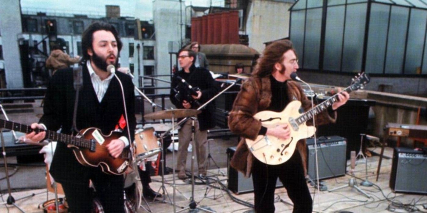The Beatles performing the Rooftop Concert in Get Back