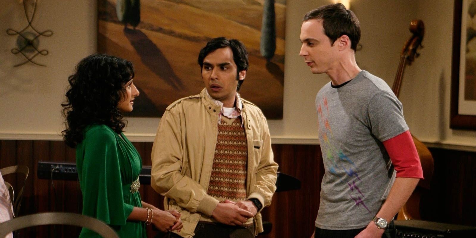 Sheldon and Lalita lock eyes while Raj looks on in TBBT