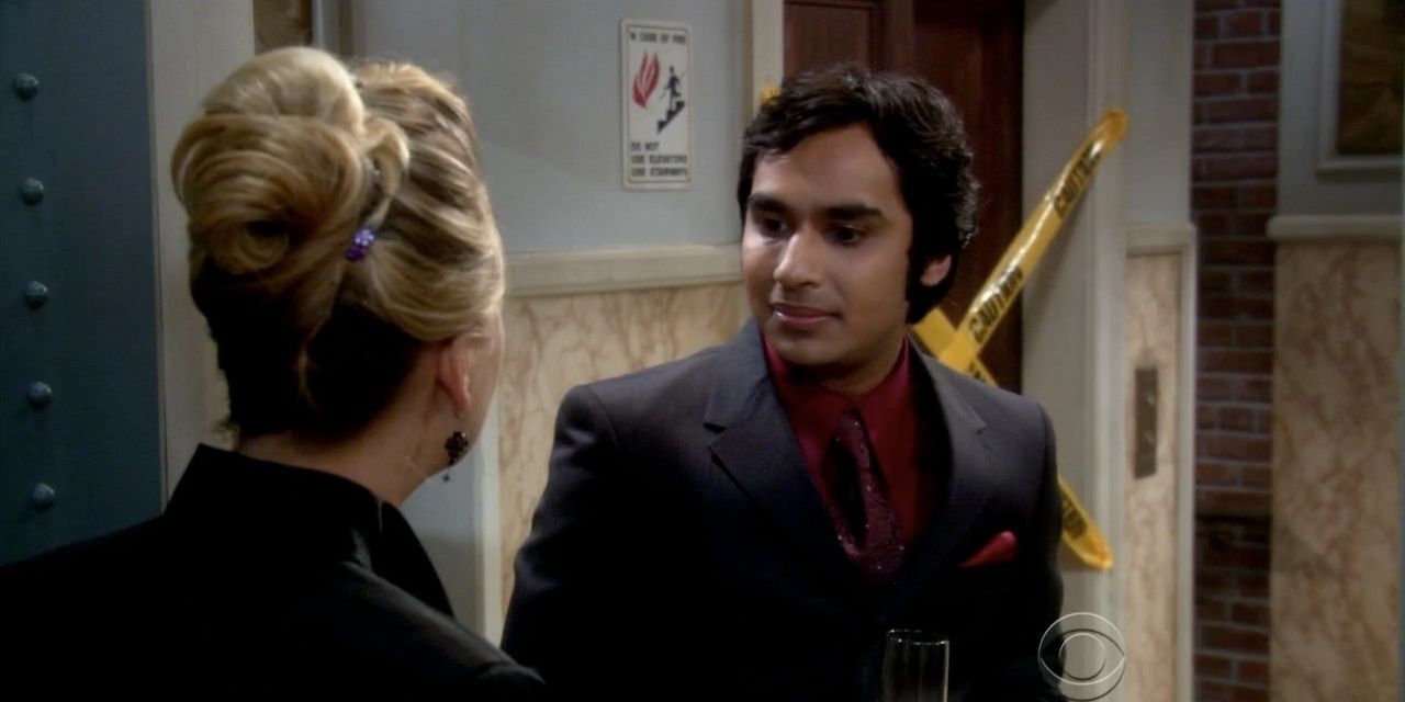Raj talking to Penny in the hallway on TBBT