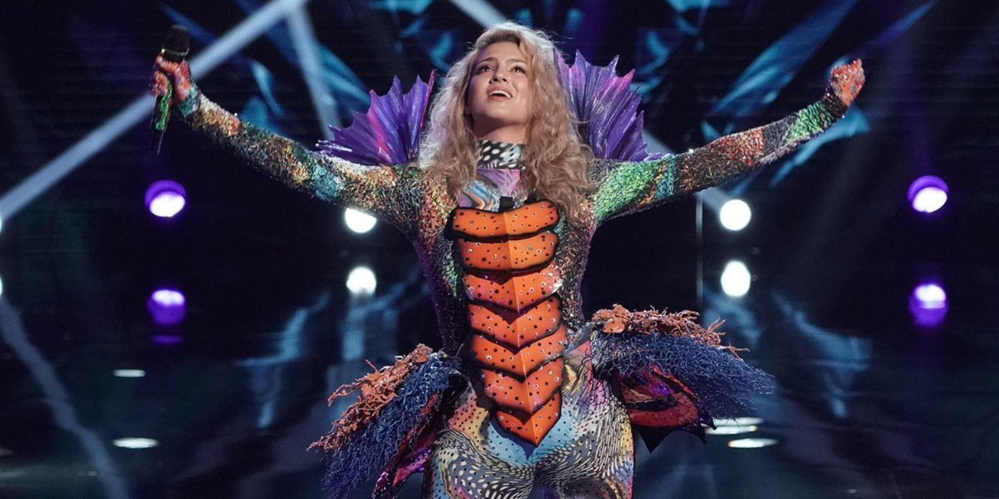 An image of Tori Kelly standing in her seahorse costume on The Masked Singer