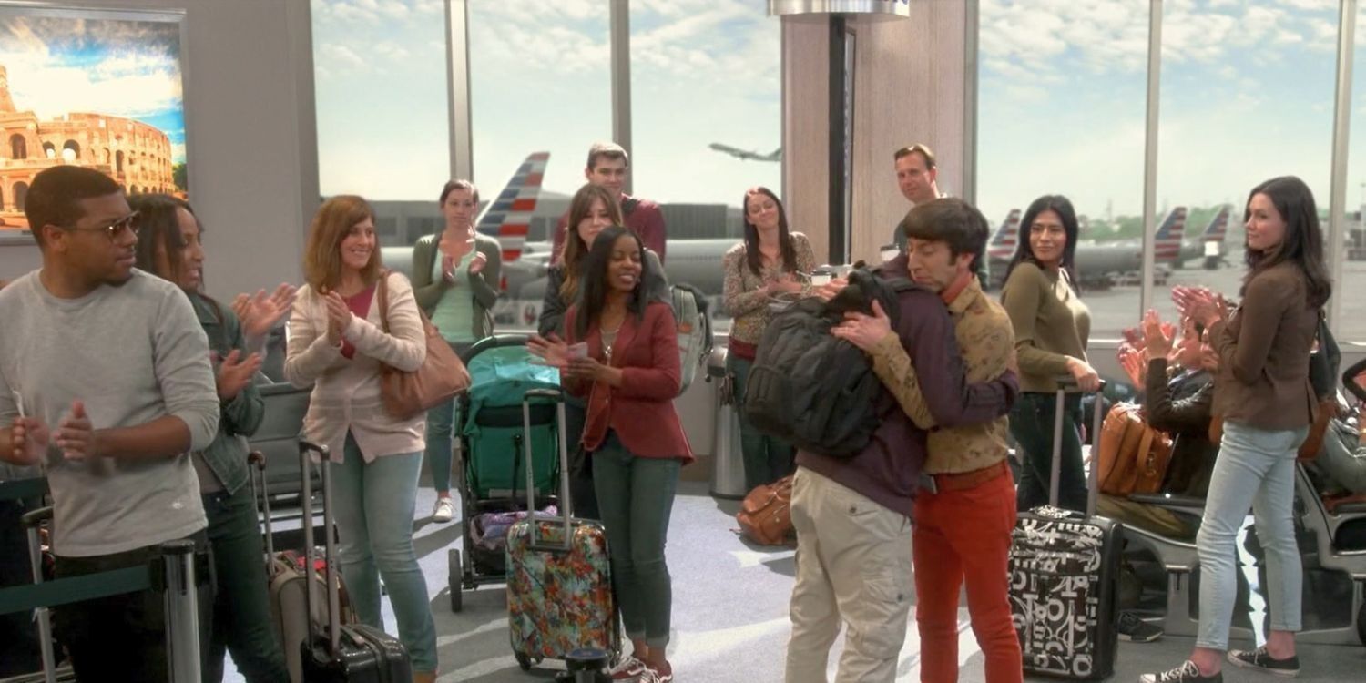 Howard and Raj hug each other in the airport on TBBT