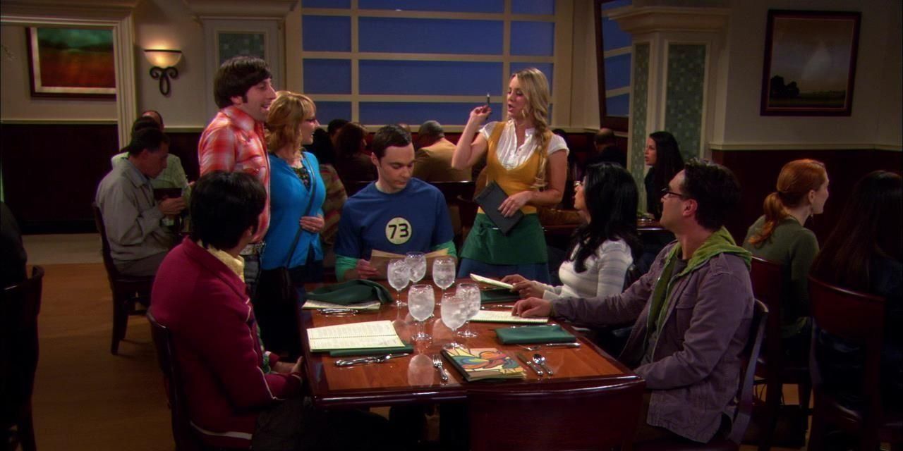 Penny taking everyone's order at The Cheesecake Factory on TBBT